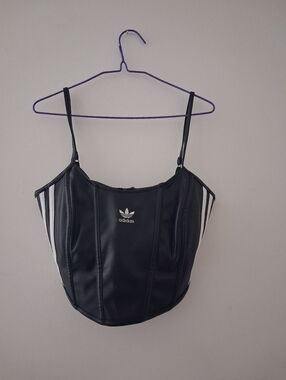 adidas Black Faux-Leather Corset Spaghetti Strap Crop Top